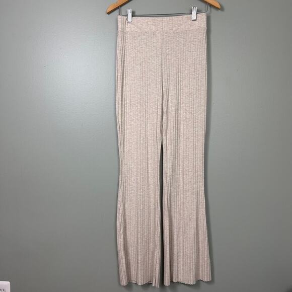 H&M Ribbed Knit Flare Pants Oatmeal Tan High Rise Lightweight Loungewear Small - Picture 2 of 7